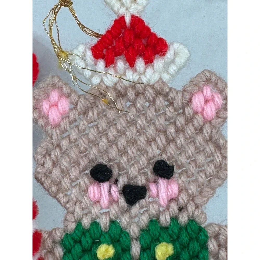 Vintage Handmade Plastic Canvas Christmas Teddy Bear Ornament Santa Candy Cane